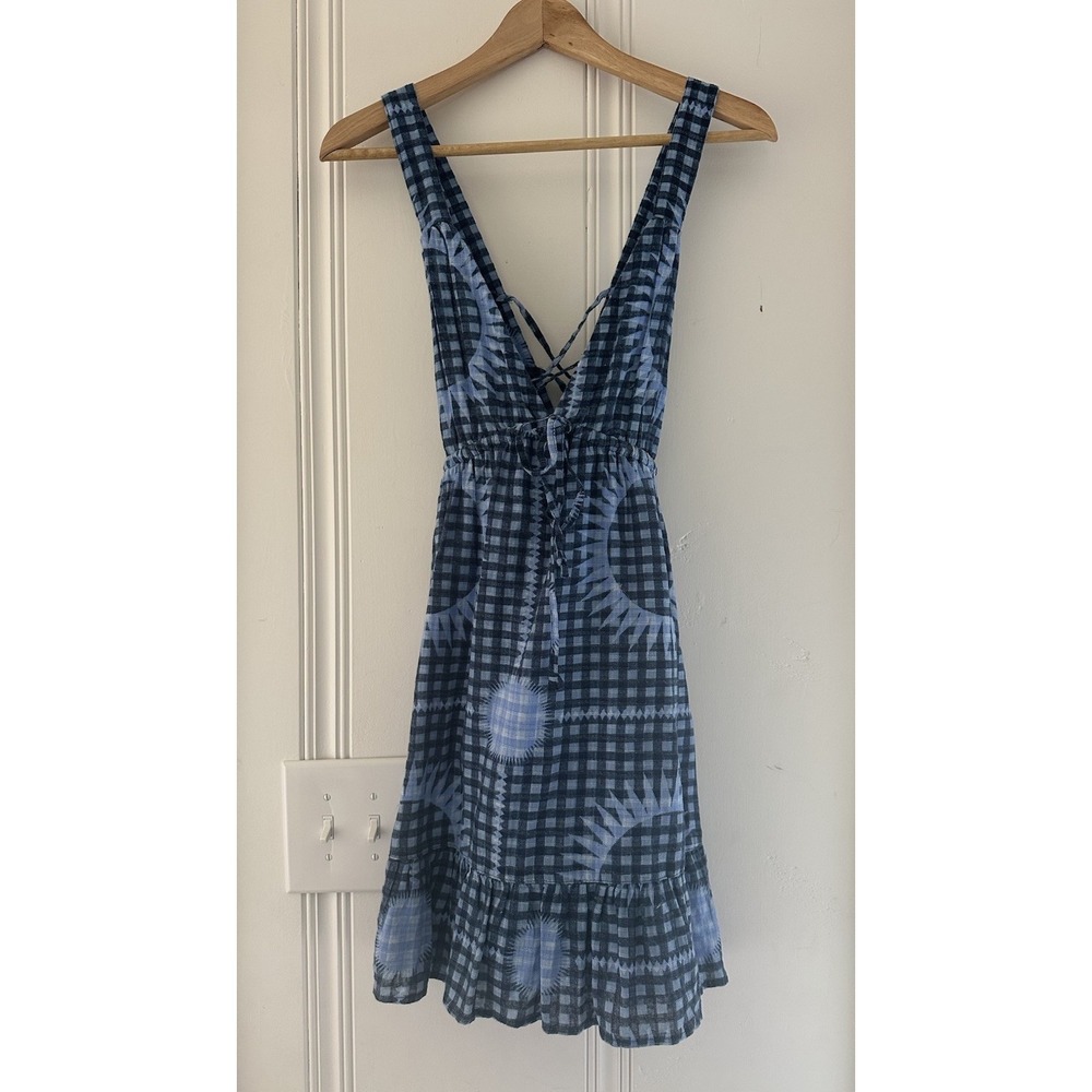 Urban Outfitters XS Blue‎ Plaid Tie Dye Mini Dress Open Back Cotton Boho Cottage